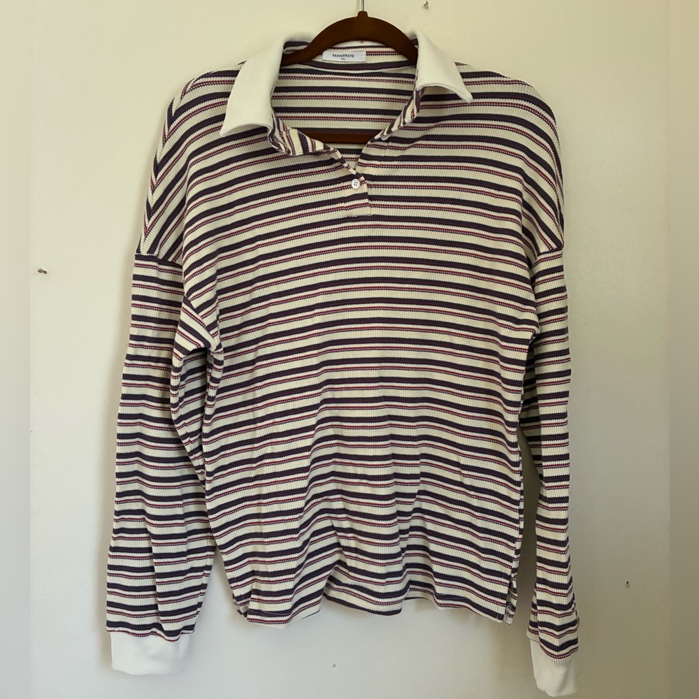 Peppermayo Multicolor Striped Knit Cotton Polo Top